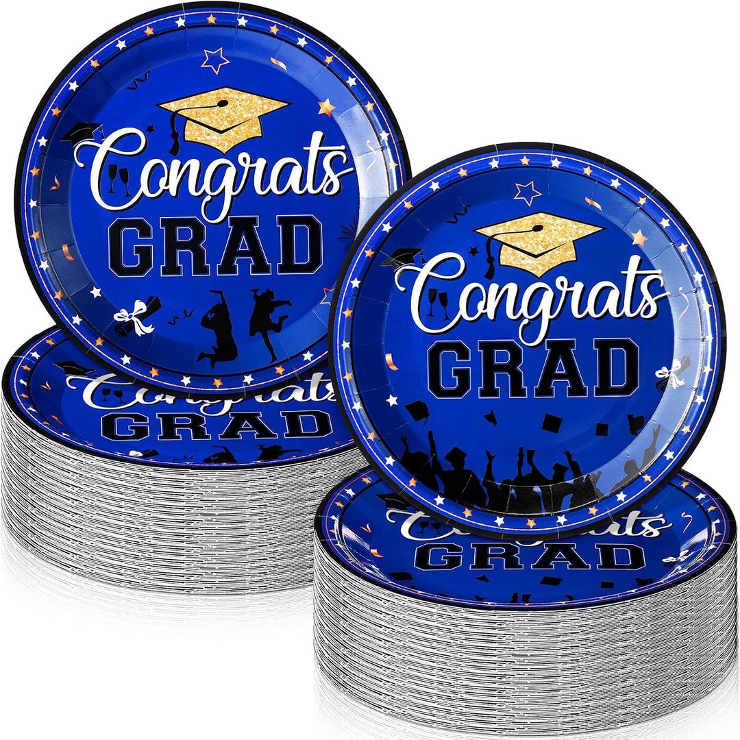 SiliFine 100 Pcs 2026 Graduation Cake Dessert Paper Plates Grad Decoration 7 Inch Small Disposable Plates Bulk Dinnerware for Congrats Grad Party Favors Supplies(Blue and Gold)