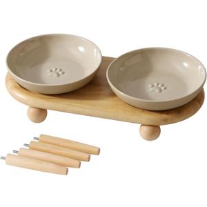 Raised Ceramic Wide Whisker Friendly Cat Dishes, Anti-Slip Food& Water Bowl with 2 Style Stand Adjustable Pet Bowl Set(2Dish+Stand, Vintage Latte)