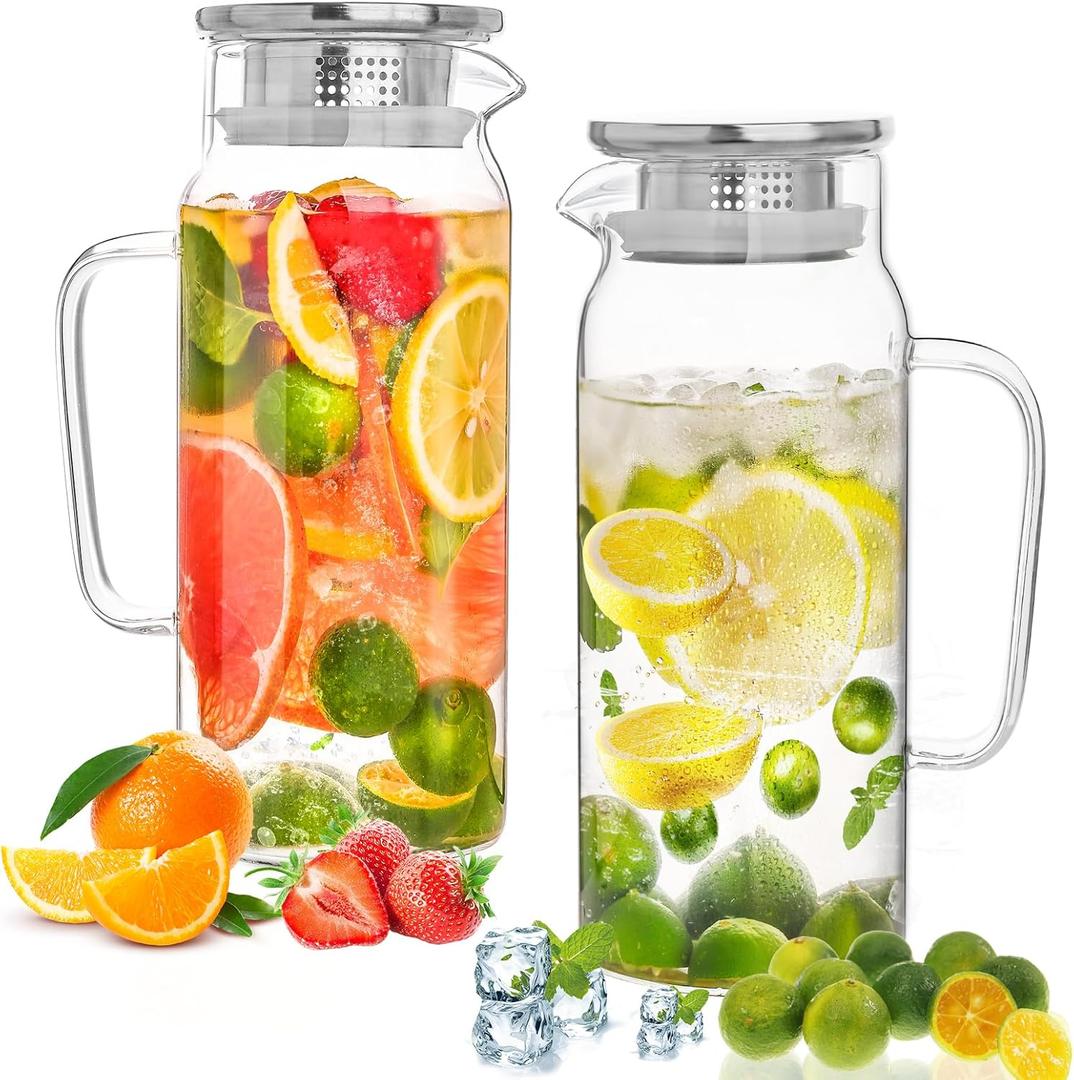 Set of 2 Glass Pitcher with Lid,2 Quart (64 oz / 1.9 Liter) Leak Proof,Glass Water Jugs, BPA-Free,Microwave & Dishwasher Safe Pitcher,Sun & Iced Tea, Sangria,Cold Brew Coffee & More (1800ml)
