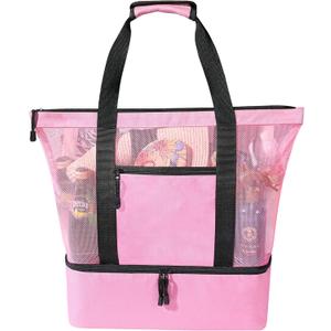 Mesh Beach Tote Bag - Large With Cooler, Waterproof Sandproof for Women, Swim Pool Travel Daily Use, Pink