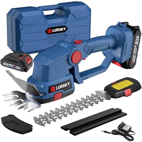 LURSKY Cordless Hedge Trimmer with Battery 2.0Ah - 2-in-1 21V Grass Shears Handheldwith 2 PCS Rechargeable Battery, Electric Shrub Trimmer Kit for Garden, Yard and Lawn, Charger Included