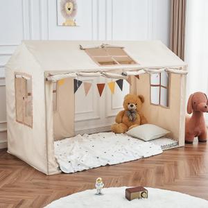 Twin Bed Tent Indoor Bed Canopy, Kids Bed Tents Twin for Girls Boys Sleep Tent, Breathable Private Space Floor Bed Fort with 2 Doors (Khaki) (39"W x 75"L (Pack of 1))