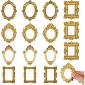 15pcs Vintage Mini Picture Frames Baroque Small Gold Frames, Tiny Picture Frames Little Antique Frames, Oval Rectangle Wall Hanging for DIY Photo Holiday Party Wedding Decoration Christmas