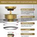 Kitchen Sink Drain Gold Sink Drain Strainer with Fixed Post 3-1/2 Inch Kitchen Drain Assembly with Strainer Basket and Drain Stopper for Standard Kitchen Sink Stainless Steel Brushed Gold