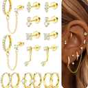 Gold Earrings for Women Flat Back Earrings Hypoallergenic Earring Stacks | 14K Gold Plated Surgical Stainless Steel Earring Set Chain Cartilage Earrings - Helix Piercing Jewelry for Women Trendy Gold