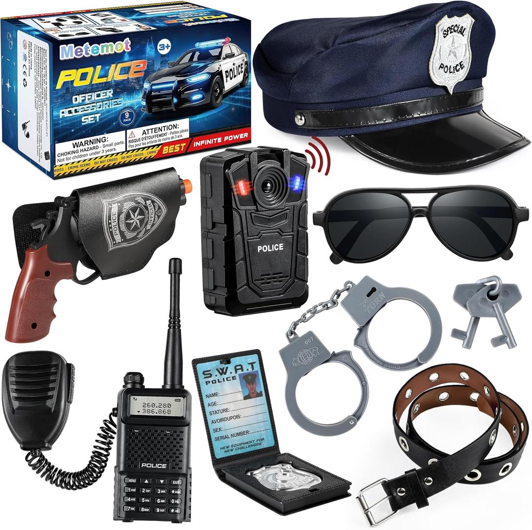 9Pcs Police Toys, Police Costume Accessories for Kids, Cop Costume Accessories, Toy Handcuffs, Police Hat, Police Officer Costumes Gear for Kids, Birthday Gift for Kids Boys Girls