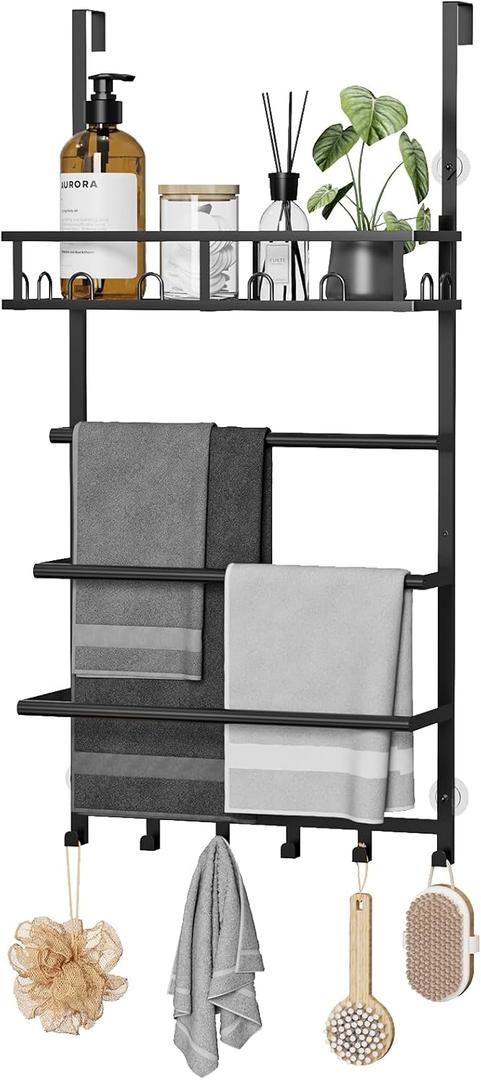 Aetyord Towel Racks for Bathroom Over the Door Towel Rack Towel Storage with Metal Shelf Basket and Hooks Black