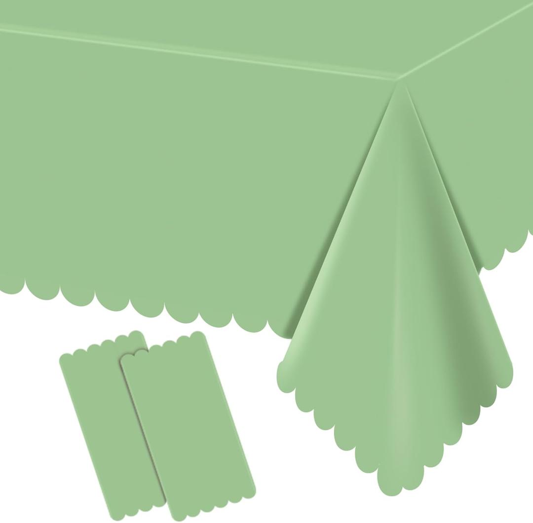 2 Pack Plastic Sage Green Tablecloth, Disposable Scalloped Table Cloth for Rectangle Tables for Wedding Bridal Shower Baby Shower Birthday Tea Garden Party, 54 X 108Inch (Sage Green, 2 Pack)