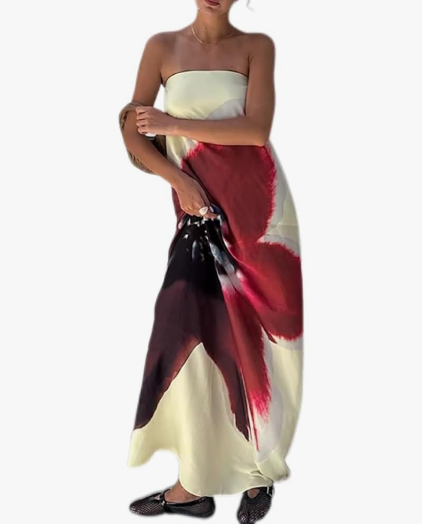 Women Y2k Strapless Maxi Dress Floral Print Tube Long Dress Boho Beach Sundress Going Out Streetwear, Large, White 