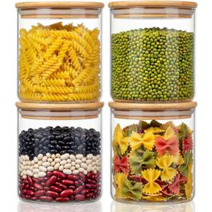 HomArtist 21oz - 4 Pack Glass Jars with Bamboo Lids, Glass Food Storage Containers with Airtight Lids, Air Tight Pantry Storage Containers for Coffee, Sugar, Spice, Meal Prep Jars for Salad & Fruit