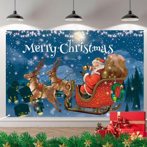 Christmas Decorations Vintage Style, Vintage Santa Sleigh Deer Large Merry Christmas Banner Backdrop, Xmas Flag Photo Booth Sign Wall Background Hanging Banner for Indoor Outdoor Party Decoration (185cm*110cm, Blue Sled)