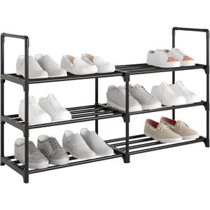 Long Metal Shoe Rack, Stackble Shoe Shelf Storage Organizer for Entryway, Hallway and Closet (3-Tier-2R, Black)
