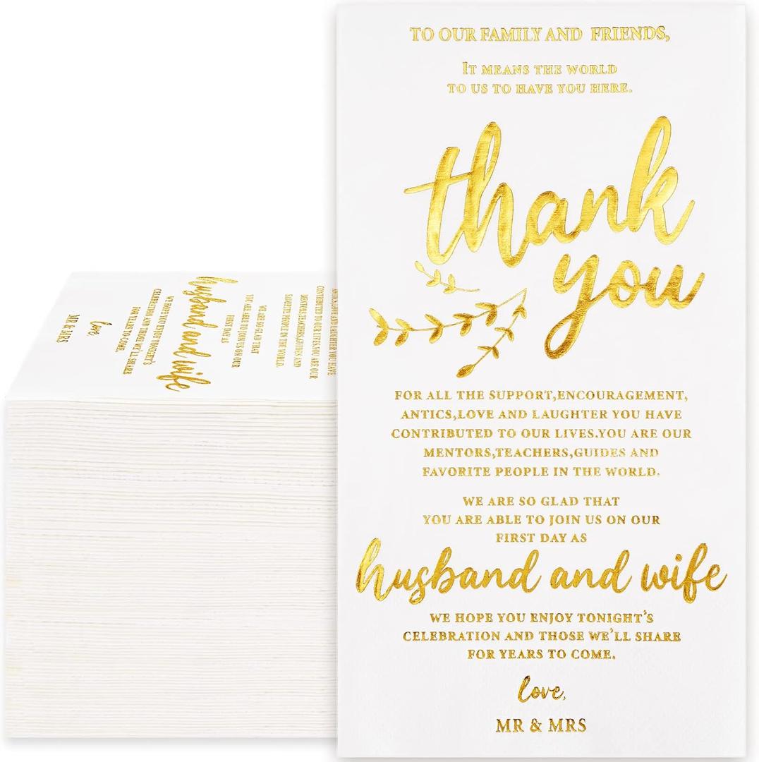 Waline Gold Foil Thank You Disposable Paper Napkins - 3 Ply Wedding Dinner Hand Napkin Towel for Bride Shower Anniversary Party Supplies, 80Pcs