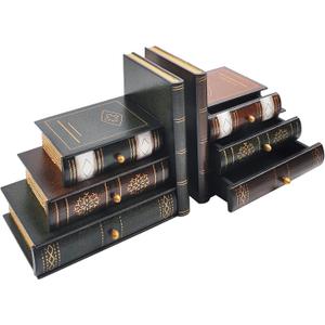 Vintage Wooden Bookends with Drawers Decorative False Book Shelf Organizer for Home, Office, or Library (311)