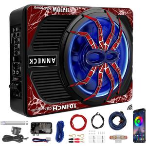 1600W 10" Slim Under Seat Subwoofers with Built-in Amp | LED Ambient Light, Deep Bass, Individual Controls (LPF/Gain/Bass Boost), High Output Distortion-Free Audio, Suitable for All Vehicle Models