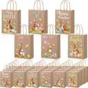 Capoda 24 Pieces Easter Gift Bags Kraft Paper Bunny Treat Bags with Handles Candy Goodie Decorated with Happy Easter Egg Hunt and Chicks Pattern for Kids Spring Party