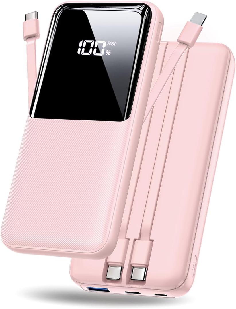CFIAI Portable Charger Power Bank - 20000mAh Fast Charging Portable Battery Pack with Built in USB-C(22.5W) and iOS(20W) Output Cables Compatible with iPhone Android Samsung Phone etc (1 Pack, Pink)