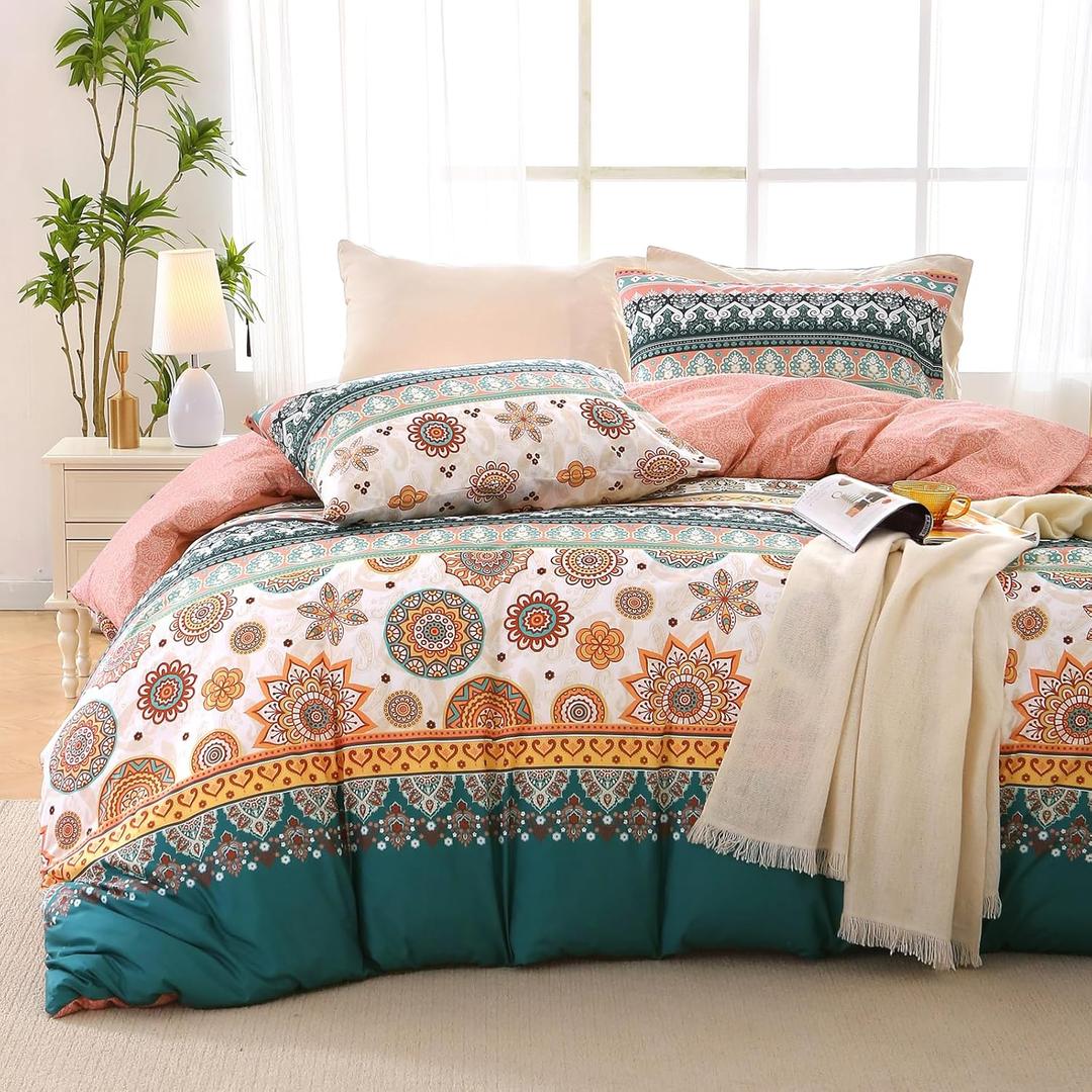 MUXHOMO Duvet Cover King Size, Reversible Floral Boho Flower Duvet Cover Set with Zipper Closure, 3 Pieces Botanical Patterns Soft Microfiber Bedding Set with 4 Ties (104"x90", 2 Pillow Cases)