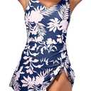One Piece Swim Dress Swimsuits for Women Tummy Control Swimdress Skirt V Neck Bathing Suit (Medium, Navy Blue Printed)
