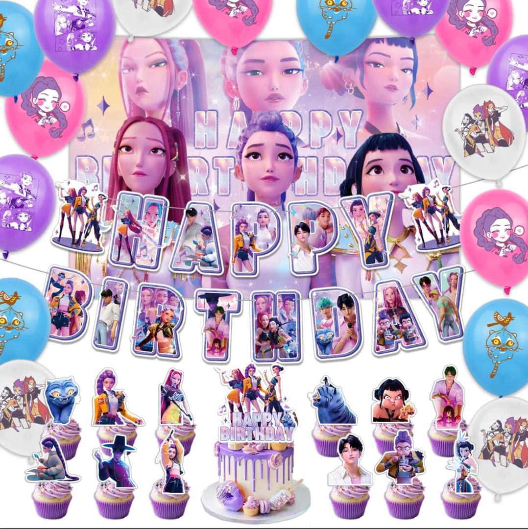 31 pcs Korean Idol Happy Birthday Party Decorations,Party Supplies Set Include one Backdrop,16 pcs Balloons,one Hanging Swirls,13 pcs Cake Cupcake Toppers for Boys Girls Kpop Theme Party