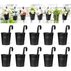 Dahey 10 Pcs Hanging Flower Pots Metal Iron Bucket Planter for Railing Fence Balcony Garden Home Decoration Flower Holders with Detachable Hooks, Black, 4 Inches