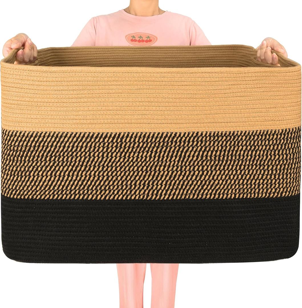 MINTWOOD Design 112L Extra Large Blanket Basket Holder Living Room, 25"x17"x16" Rectangle Rope Woven Storage Basket with Handles for Laundry, Pool Towels, Shoes, Dog Toy Organizer Bin Box, Black Jute