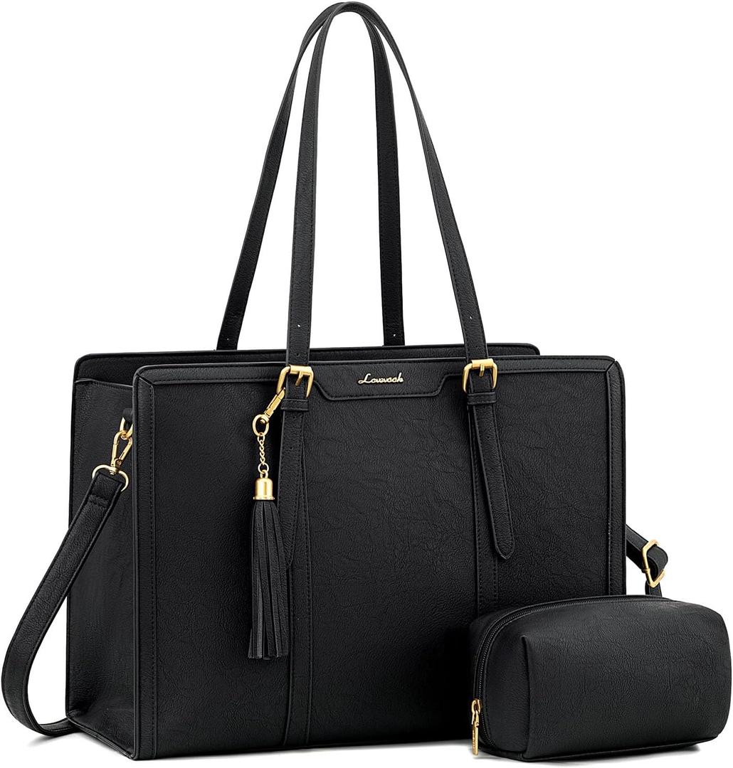 LOVEVOOK Laptop Bag for Women Vintage Leather Laptop Tote 17.3 inch Large Capacity Computer bag with Clutch Purse for Work (Black)