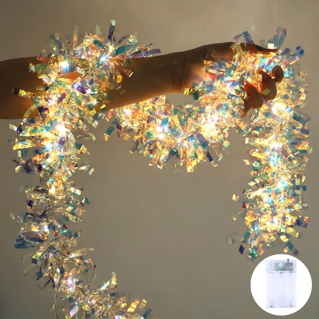 LAWOHO 2 Pack 6.5FT Christmas Tinsel Garland with Lights, Shiny Iridescent Foil Garland for Valentines Day, Christmas Tree, Wedding Birthday Party, New Year Holiday, Indoor Outdoor Hanging Home Decor