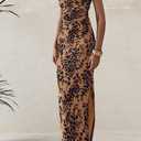 BTFBM Women's Summer Maxi Tube Dress Strapless Side Slit Long Floral Bodycon Dress Elegant Party Cocktail Dresses (Brown, XXL)