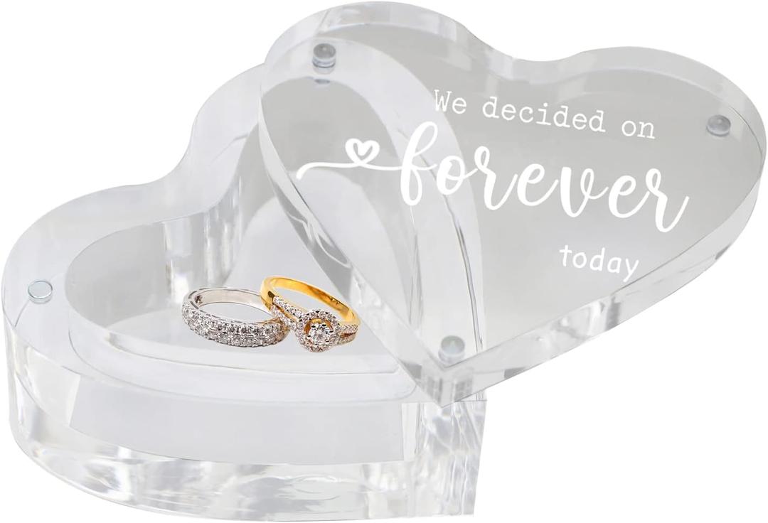 Engraved Wedding Ring Boxes for Ceremony Acrylic Ring Bearer Box for Wedding Proposal Engagement (Heart-Shaped A)