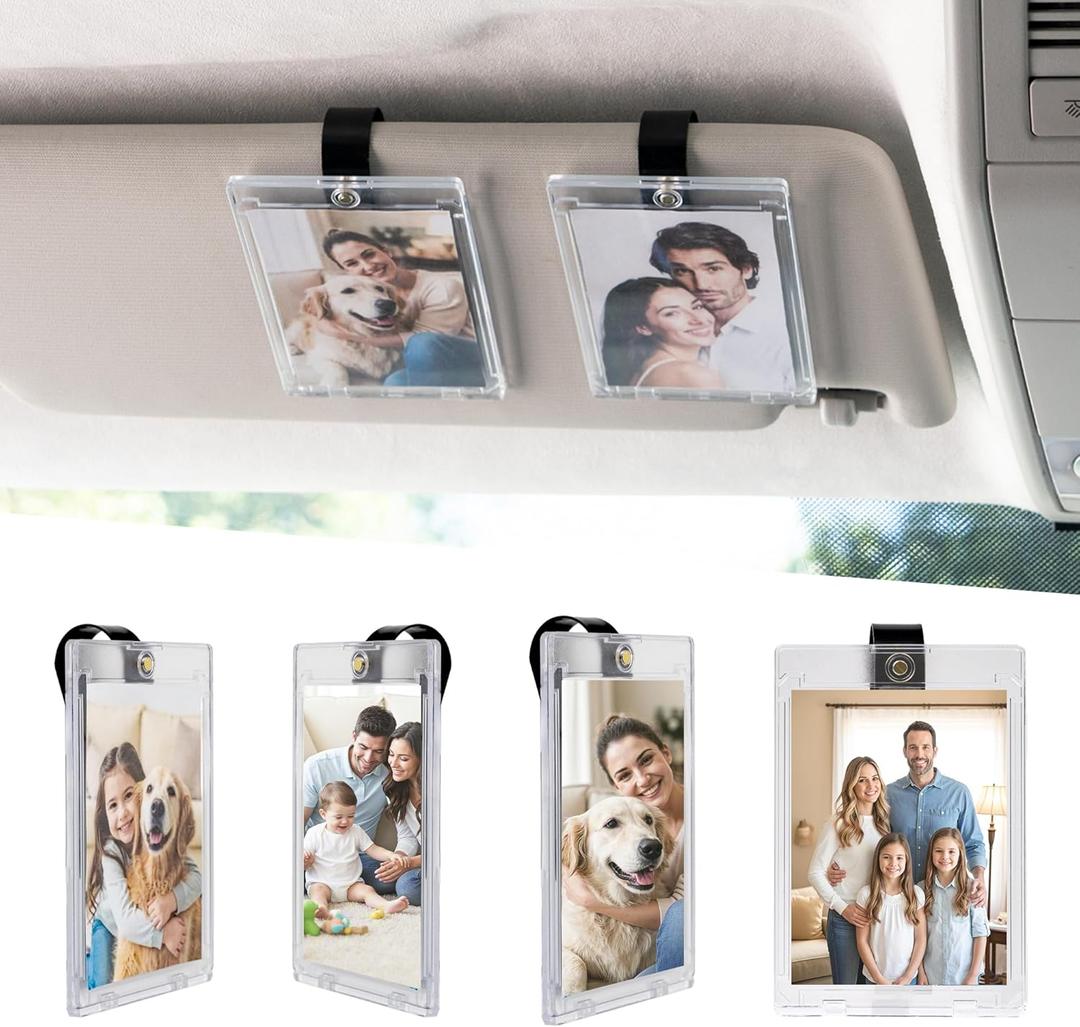2 x Yuoyar 4 Packs Magnetic Car Picture Holder for Visor - Car Photo Holder with Clips for Easy Display - Visor Clip Photo Frame for 3 Inch Photos