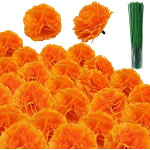 Marigold Flowers Artificial - 120 Premium Silk Flower Heads with 30 Stems for Diwali Decor, Day of The Dead Altar, Handmade Garland Making (2" Blooms, Reusable) (Orange 120)