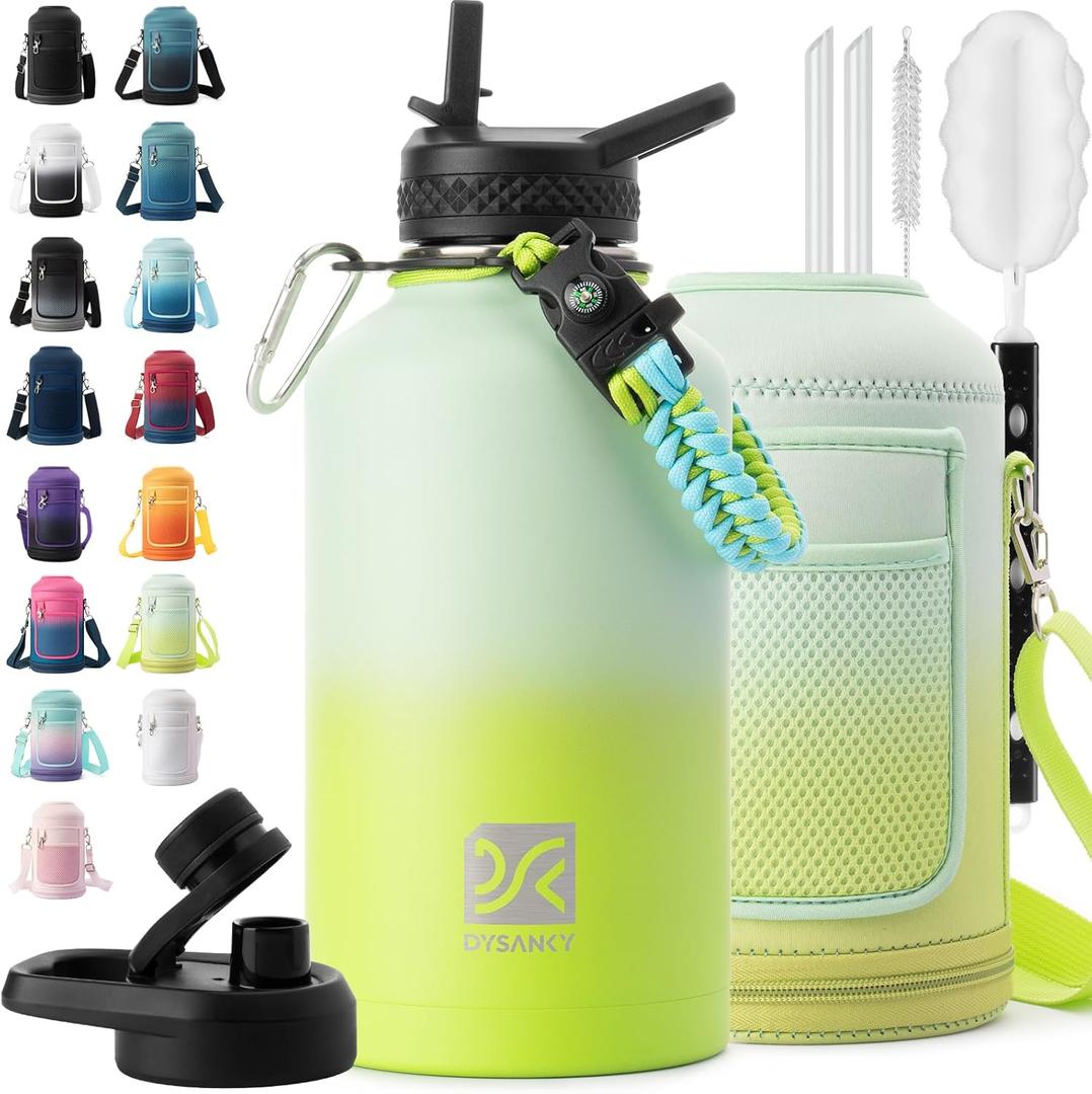 Insulated Water Bottle | Thickened Stainless Steel Vacuum Metal | Portable Sports Half Gallon Large Water Jug for Gym and Hiking with Straw, Carrier Bag, Handle Strap | BPA-Free 64 oz (Gradient Green)