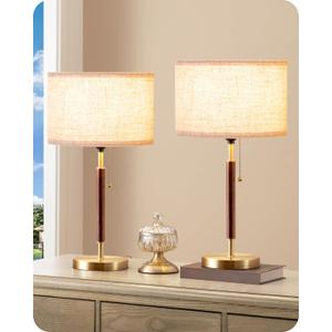 EDISHINE Mid Century Table Lamp Set of 2, Pull Chain Switch Bedside Lamp, Linen Shade, Solid Wood Pole & Bronze Brushed Metal Base, Modern Nightstand Lamp for Bedroom, Living Room, Office, E26 Base (Gold)