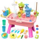 2026 Upgraded Water Table for Toddlers 1-3 - Play Sink with Running Water & Electric Faucet, Pretend Play Kitchen Sink Toy, Outdoor Sensory Summer Toys for Kids Ages 4-8, Fishing Game, Pink