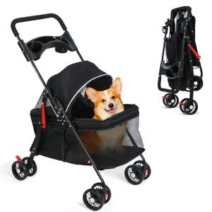Pet Stroller for Small Dogs Cats, 360 Degree Rotatable Foldable Pet Travel Carrier Pets Strolling Cart with Visible Mesh Adjustable Canopy Cup Holder Rear Wheel Dual Brake 1 Set