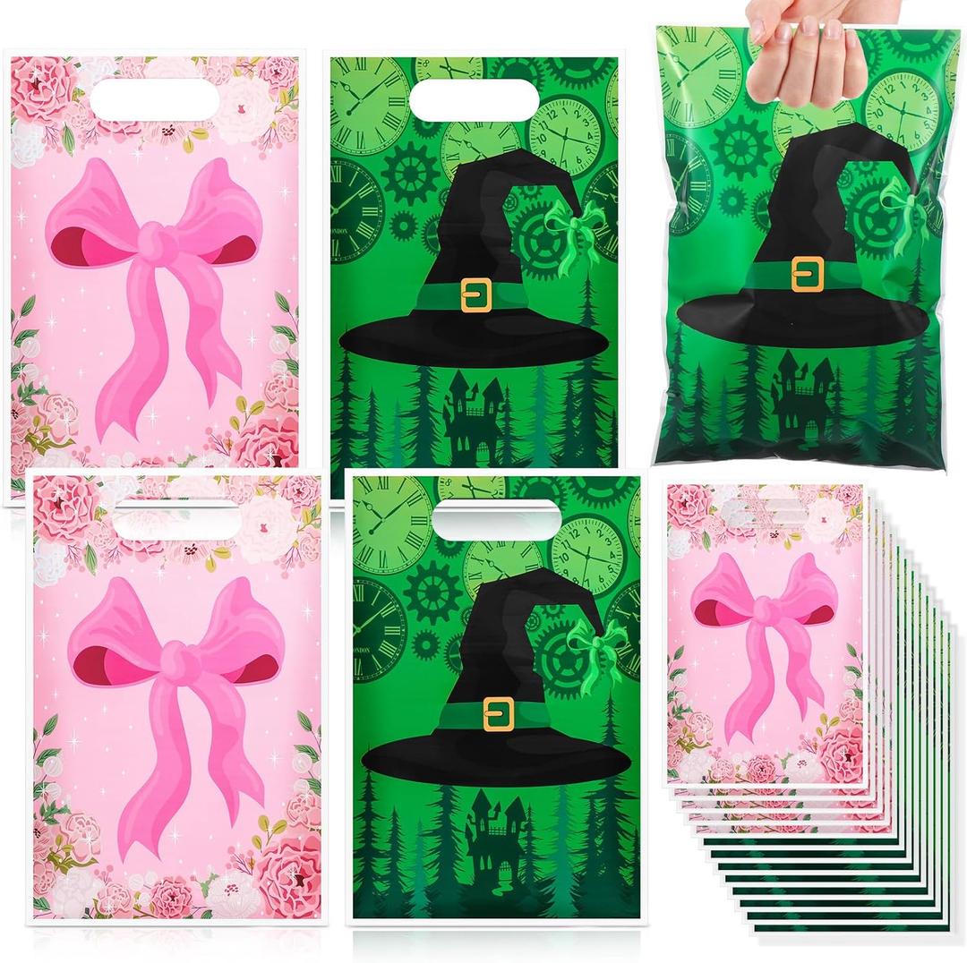 Marspark 120 Pcs Pink and Green Party Bags, Double-sided Princess & Witch Theme Pink Bow Green Witch Hat 6.5 x 9.8 Inch Gift Candy Treat Goodie Bags for Magical Birthday, Baby Shower, and Party Favors
