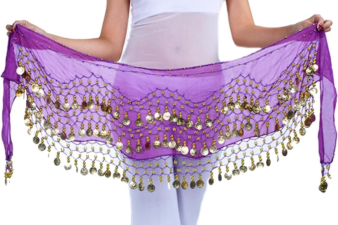 Lauthen.S 128 Coins Belly Dance Hip Scarf Tribal Belt Halloween Genie Costume Accessory (Purple)