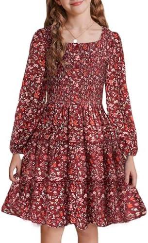 GRACE KARIN Girls Fall Long Sleeve Floral Square Neck Smock Tiered Casual Holiday Teen Dress Size 5-6
