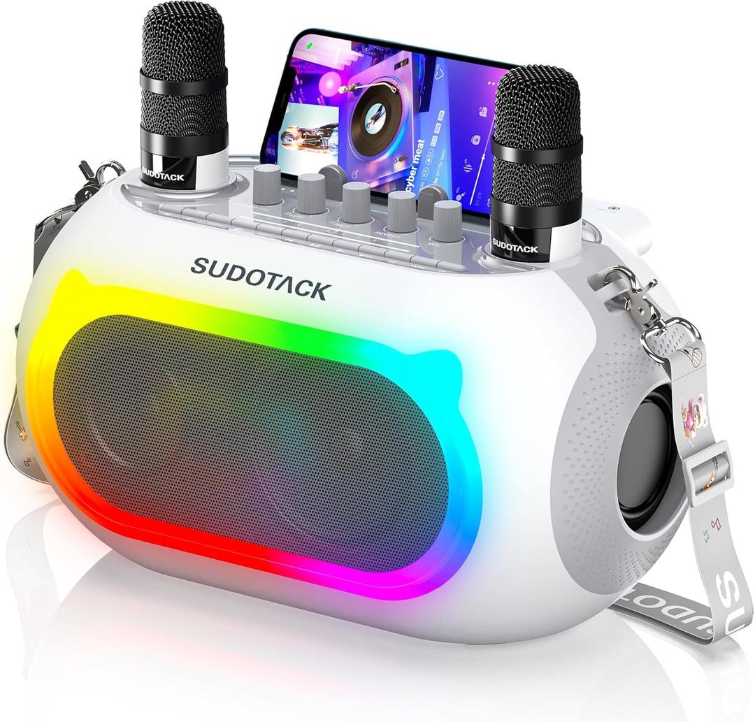 SUDOTACK Karaoke Machine for Adults Kids with 2 Wireless Microphones, Bluetooth PA Speaker System with Echo/Bass/Treble Adjustment for Home Party, Outdoor, Church, Picnic, Birthday Gifts (White)
