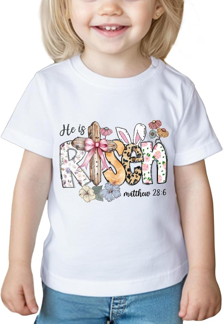 Boys Easter Shirt for Toddler Girls Kids Easter T-Shirts Tops Funny Bunny Graphic Tee Short Sleeve 2-8Y (He is Risen Matthew 28:6)