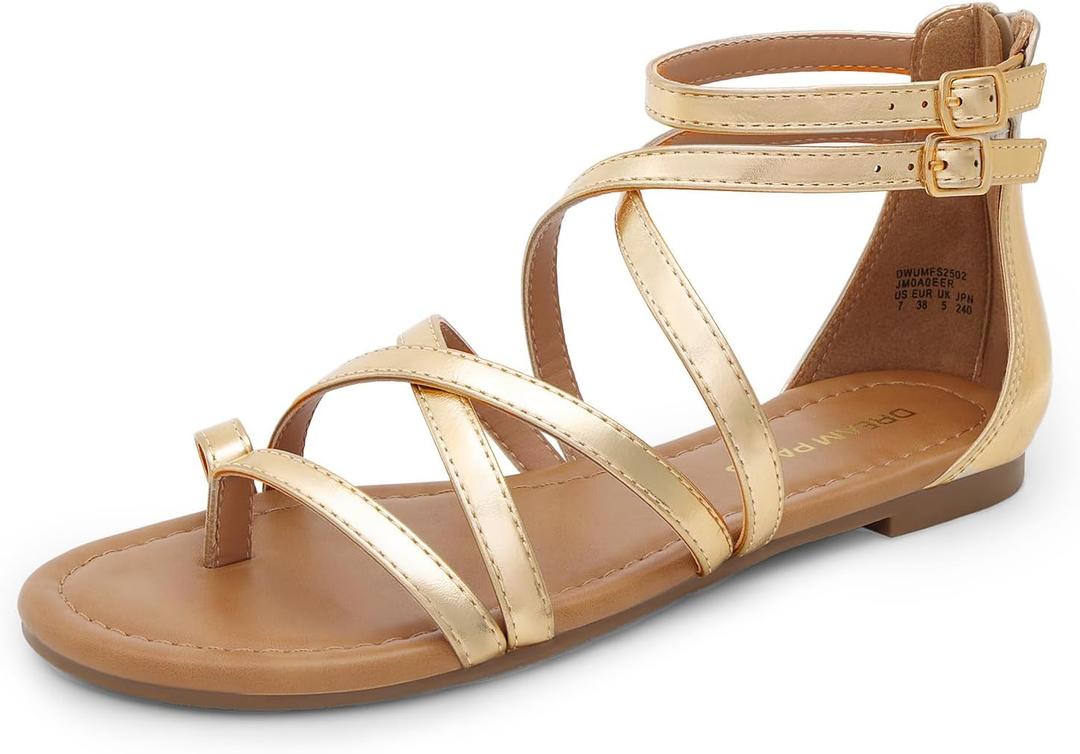 DREAM PAIRS Women's Dressy Gladiator Summer Cross Strappy Sandals Comfort Flat Casual Beach Fisherman Thong Sandals (9, Gold)