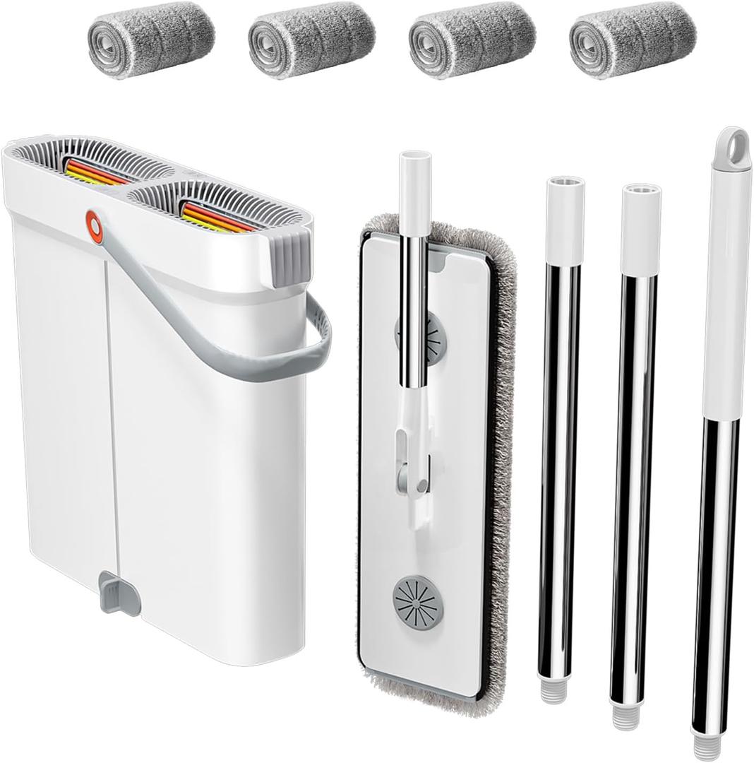 2025 New Mop and Bucket with Wringer Set for Home - Hands-Free Flat Floor Mop Bucket Wet Dry Use Floor Cleaning System for All Floor Types and Windows-4 pads (40'' Microfiber Mop and Bucket Set-4 Pads)