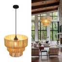 12'' Natural Rattan Chandelier -Small Farmhouse Boho Style with E27 Bulb, 120V Pendant Light, Fandelier, Hanging Lamp, Wicker Pendant Lamps for Dining Room/Kitchen/Bedroom/Living Room/Island