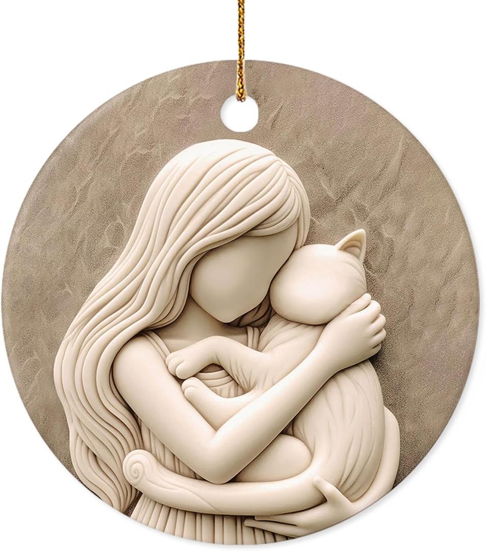 Christmas Ornament - Girl Hugging Cat Ceramic Ornament, Printed Ceramic Ornament, Not a Carved Sculpture, Gifts for Cat Lovers, Women, Girls, Friends