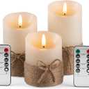 Flameless Candles Battery Operated Pillar Real Wax Electric LED Candle Gift Set with Remote Control and Timer, 4" 5" 6" Pack of 3 (Ivory Wax with Hemp Rope)