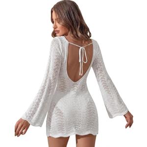 Unittype Women Swimsuit Cover Up Crochet 2026 Summer Knit Bathing Suit Mesh Hollow Out Backless Beach Dress Swimwear Cover Up (White)