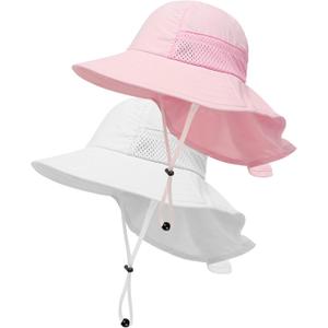 Toddler Baby Sun Hat Kids Summer UPF 50+ for Boys Girls Adjustable Beach Hats with Bucket Wide Brim Age 1-7 Years (2 Pack (Pink + White))