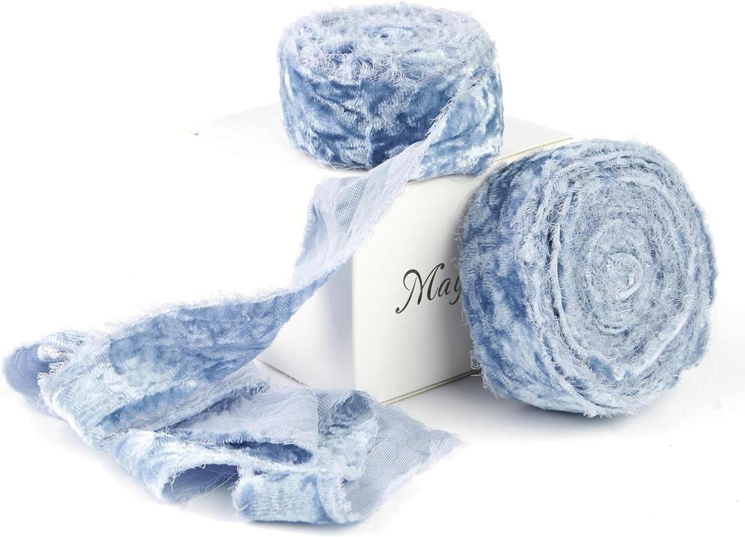 MAYREEL 1 Inch Dusty Blue Crushed Velvet Ribbon Frayed Edge Hand Torn Fringe for Bridal Bouquets Invitations Vow Books Gift Baskets Hair Bows 6 Yards
