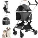 3 in 1 Pet Stroller 4 Wheel Small Medium Portable Foldable Carrier Dog Strolling Storage Basket 33lb max Adjutable Handle Height (Dark gray)